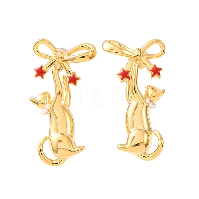 Bowknot with Cat Shape Brass Enamel Dangle Stud Earrings EJEW-F401-02G-1