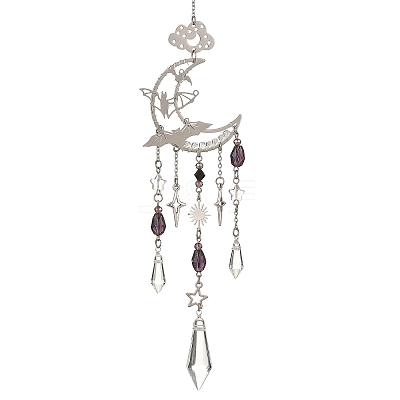 Halloween Bat Moon Stainless Steel & Brass & Glass Beads Suncatchers HJEW-TA00500-1