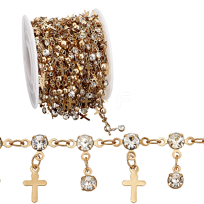 4M Flat Round with Cross Charm Brass Rhinestone Chains DIY-PH0030-93LG-1