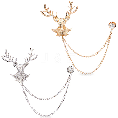 2Pcs 2 Colors Deer Hanging Chain Brooch Pin JEWB-FH0003-28-1