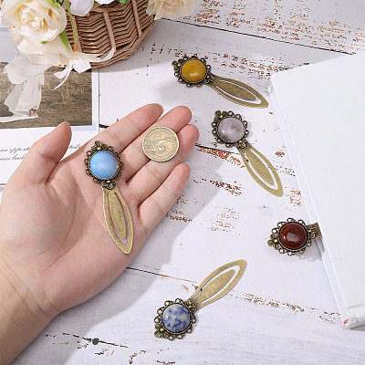 5Pcs Round Natural Rose Quartz & Blue Spot Jasper & Dyed White Jade & Dyed Agate & Opalite Bookmarks AJEW-CA00018-1