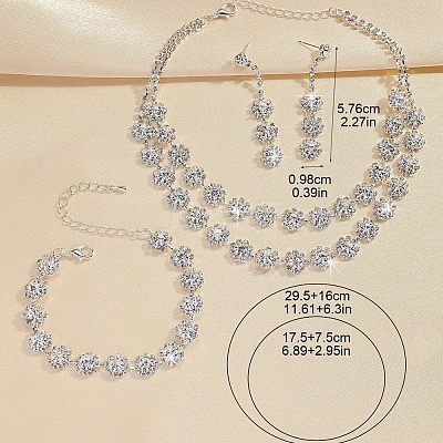 Flower Alloy Rhinestone Chain Double Layer Necklaces & Stud Dangle Earrings & Bracelets Sets FS-WG0F210-01-1