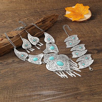 Teardrop Alloy & Synthetic Turquoise Pendant Necklaces & Dangle Earrings & Bracelets Sets FS-WG28263-02-1