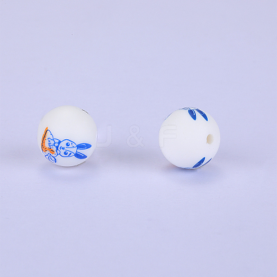 Printed Round with Rabbit Pattern Silicone Focal Beads LS-SI-JX0056A-151-1