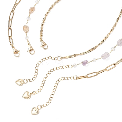 Natural Amethyst Double Terminated Pointed Bullet Pendant 304 Stainless Steel & Brass Chain 3 Layer Necklaces for Women NJEW-JN05477-01-1