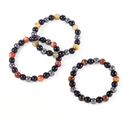 3Pcs 3 Styles 8MM Round Natural Tiger Eye & Black Onyx & Black Obsidian & Synthetic Non-Magnetic Hematite Beads Stretch Bracelets for Women Men BJEW-TA0001-20-1