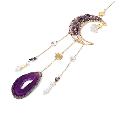 Wire Wrapped Natural Amethyst Moon with Tree of Life Pendant Decorations HJEW-K046-07G-06-1
