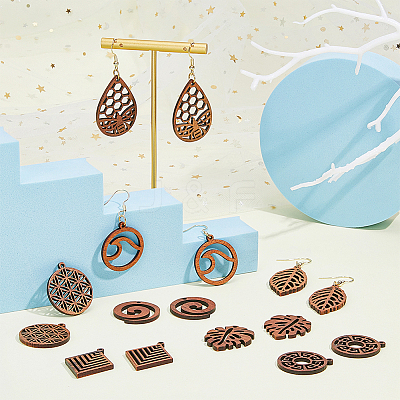 16Pcs 8 Styles Natural Walnut Wood Pendants WOOD-HY0001-04-1
