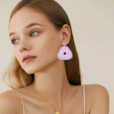 3 Pairs 3 Colors Raffia Grass Braided Triangle Dangle Stud Earrings for Women EJEW-FI0002-28-1