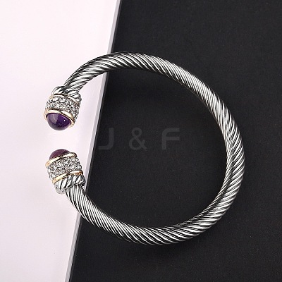 Adjustable C-shaped 304 Stainless Steel Twist Open Cuff Bracelets with Natural Amethyst UG3207-4-1