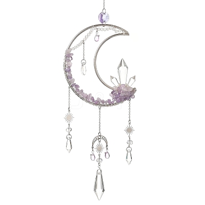 Moon Natural Amethyst & 304 Stainless Steel & Brass Suncatchers HJEW-TA00488-01-1