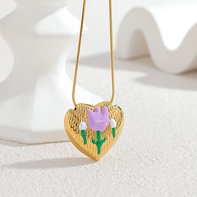 304 Stainless Steel Enamel Heart Pendant Round Snake Chain Necklaces for Women WGABB0D-01-1