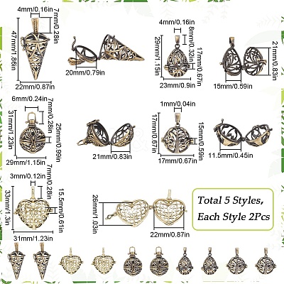 10Pcs 5 Styles Tibetan Style Brass Rack Plating Cage Pendants KK-SC0004-36-1