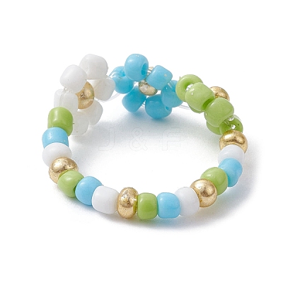 3Pcs 3 Color Glass Seed Beaded Stretch Rings Sets. Flower Stackable Rings RJEW-JR00617-1