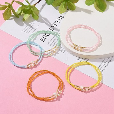2Pcs 2 Style Glass Seed & Natural Pearl Beaded Stretch Bracelets Set for Women BJEW-JB09356-1