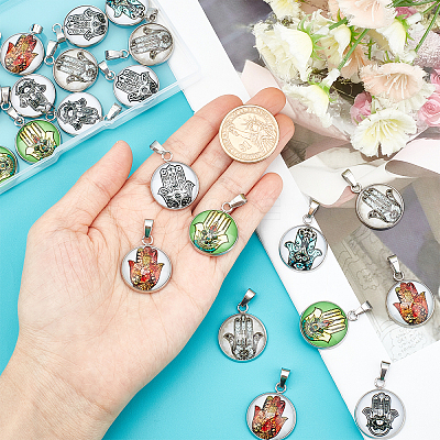 24Pcs 6 Color Hamsa Hand Pattern Glass Pendants GLAA-DC0001-01-1