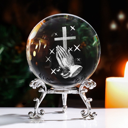 Inner Carving Cross & Prayer Hand Glass Crystal Ball Diaplay Decoration PW-WG8331F-02-1