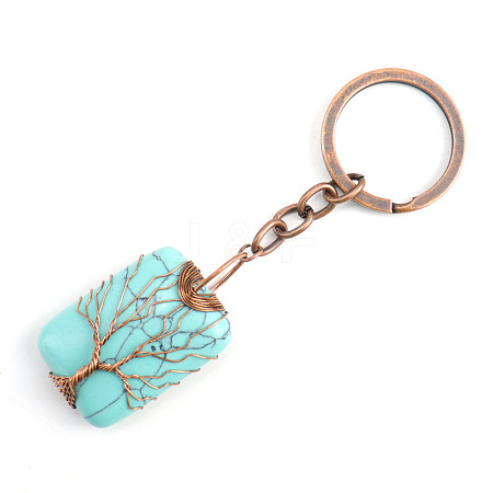 Tree of Life Wire Wrapped Rectangle Synthetic Turquoise Gemstone Pendant Keychain FIND-PW0017-05C-1