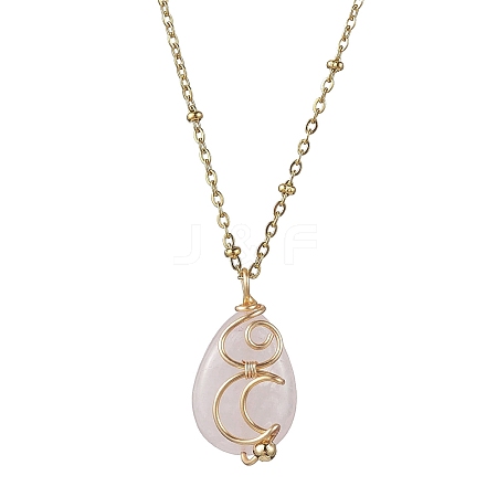 Natural Rose Quartz with Brass Pendant Necklaces NJEW-JN04679-01-1