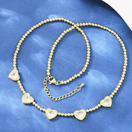Brass Pave Clear Cubic Zirconia Heart Round Beaded Bib Necklaces for Women NJEW-F364-05G-1