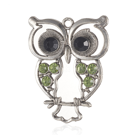 Antique Silver Alloy Rhinestone Owl Big Pendants ALRI-J005-07AS-1