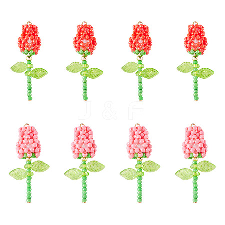 8Pcs 2 Colors Glass Seed Beaded Rose Pendants PALLOY-TA00352-1