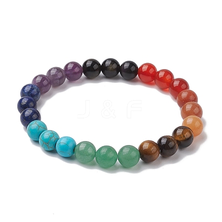 Chakra 8mm Round Natural Golden Sheen Obsidian & Amethyst & Lapis Lazuli & Tiger Eye & Green Aventurine & Carnelian & Red Aventurine BJEW-JB10624-02-1