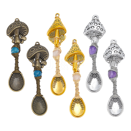 6Pcs 3 Colors Natural Apatite & Amethyst & Rose Quartz Copper Wire Wrapped Alloy Mushroom Spoon Big Pendants PALLOY-NB00013-1