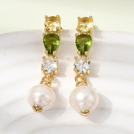 Round Brass Micro Pave Cubic Zirconia Dangle Stud Earrings EJEW-L311-01G-02-1