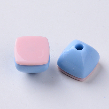  Jewelry Beads Findings Opaque Acrylic Beads, Two Tone, with Square Flat Plate, Half Drilled, Pyramid, Pink, 15.5x15.5x14mm, Half  Hole: 3.5mm