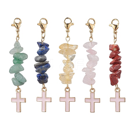 5Pcs 5 Style Natural Mixed Gemstone Chips & Alloy Enamel Cross Pendant Decorations HJEW-JM01793-S-1