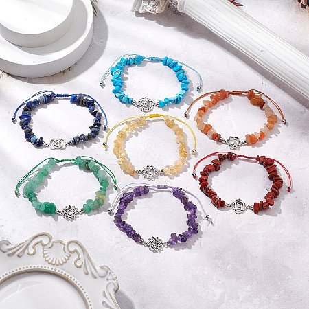 7Pcs Chakra Theme Natural & Synthetic Mixed Gemstone Chips Braieded Beads Bracelets BJEW-JB11326-1