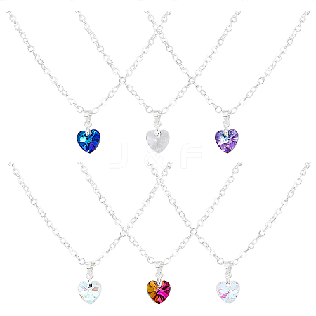 6Pcs 6 Style Glass Heart Pendant Necklaces Set with Brass Chains NJEW-AB00021-1