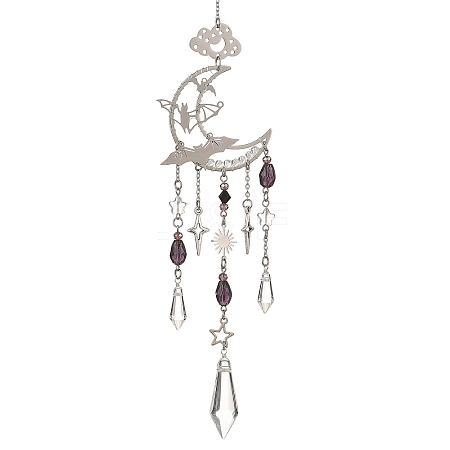 Halloween Bat Moon Stainless Steel & Brass & Glass Beads Suncatchers HJEW-TA00500-1