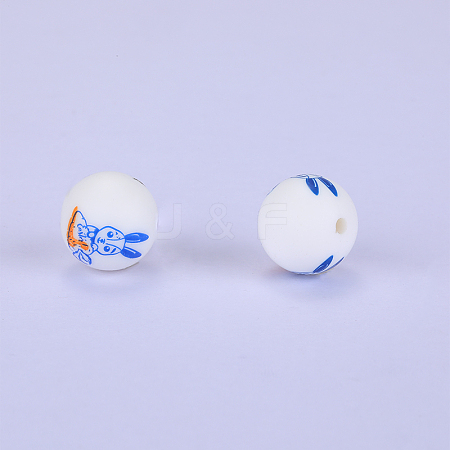 Printed Round with Rabbit Pattern Silicone Focal Beads LS-SI-JX0056A-151-1