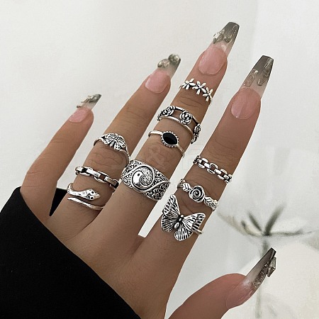 10Pcs 10 Style Flower & Snake & Butterfly & Oval Alloy Finger Rings Set for Women AJEW-PW0005-06AS-1