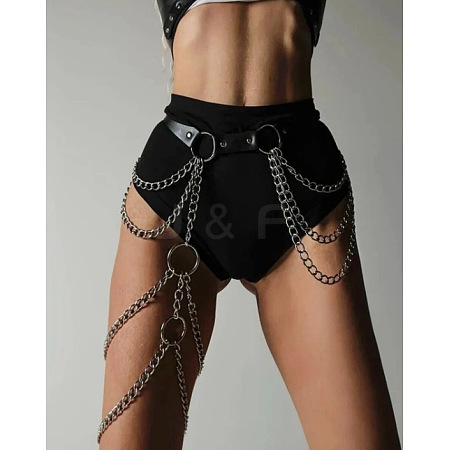 Black Imitation Leather Alloy Curb Chain Layered Tassel Leg Chain Waist Body Chains for Sexy Woman FS-WGB0E32-01-1