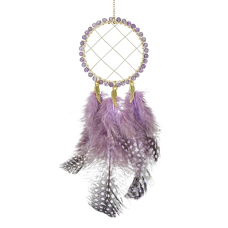 Natural Amethyst Woven Net/Web with Feather Wall Hanging Decoration HJEW-JM01222-01-1