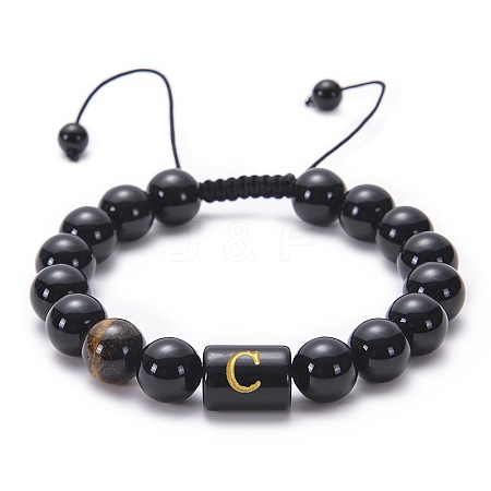 10MM Natural Black Onyx(Dyed & Heated) and Tiger Eye Alphabet Round Braided Bead Adjustable Bracelets for Women DM6424-3-1