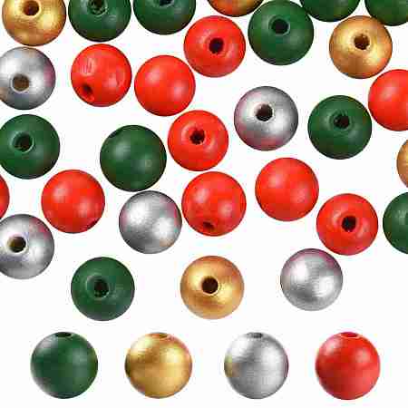 160Pcs 4 Colors Christmas Painted Natural Wood Round Beads WOOD-LS0001-01N-1