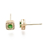 Green Glass Square Stud Earrings with Cubic Zirconia EJEW-G321-08G-3