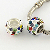 Polymer Clay Rhinestone European Large Hole Beads with Silver Color Plated Brass Cores FPDL-R002-18-1