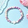 Baking Paint Synthetic Turquoise Round & Cross Beads Stretch Bracelets for Men Women BJEW-JB12339-01-1