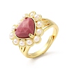 Ion Plating(IP) Natural Mixed Gemstone Heart Adjustable Ring with Plastic Pearl Beaded RJEW-E075-05G-5