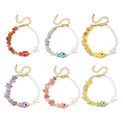 Summer Beach Handmade Porcelain Fish & Gemstone Chip Seed Beads Beaded Bracelets for Women BJEW-JB14440-1