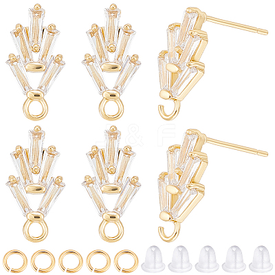 6 Pairs Leaf Shape Brass Cubic Zirconia Stud Earring Findings KK-CN0003-20G-1