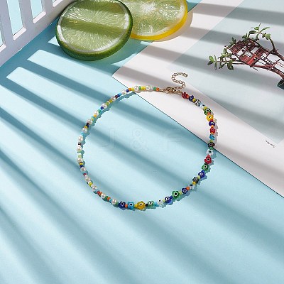 Natural Pearl & Millefiori & Seed Glass Beaded Necklace for Women NJEW-JN04161-1