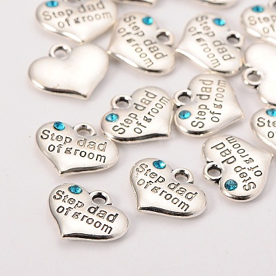 Wedding Theme Antique Silver Tone Tibetan Style Alloy Heart with Step Dad of Groom Rhinestone Charms TIBEP-N005-23A-1