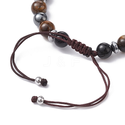 Natural Tiger Eye & Obsidian Round & Brass Cross Braided Bead Bracelets BJEW-JB09704-01-1