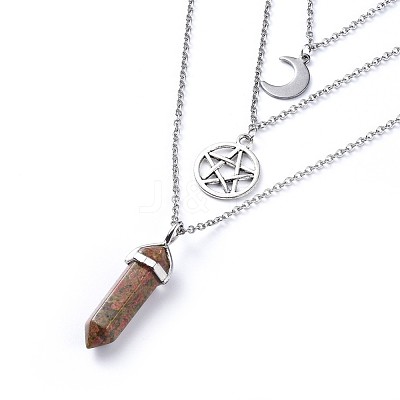 Bullet Natural Unakite Pendant Tiered Necklaces NJEW-JN02457-02-1